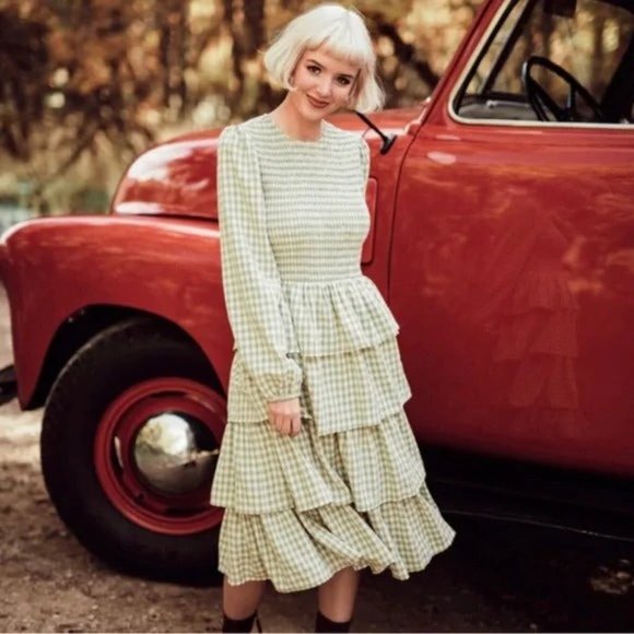 Jessakae Gather Green Gingham Tiered Midi Dress M - Picture 3 of 10